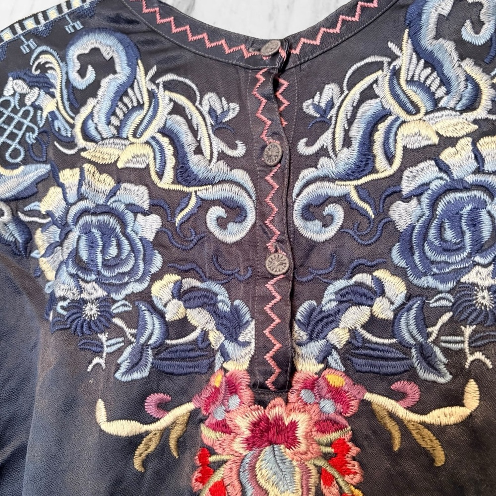 Johnny Was Small Embroidered Blouse with Blue Cream and Pink Accents - Picture 6 of 9
